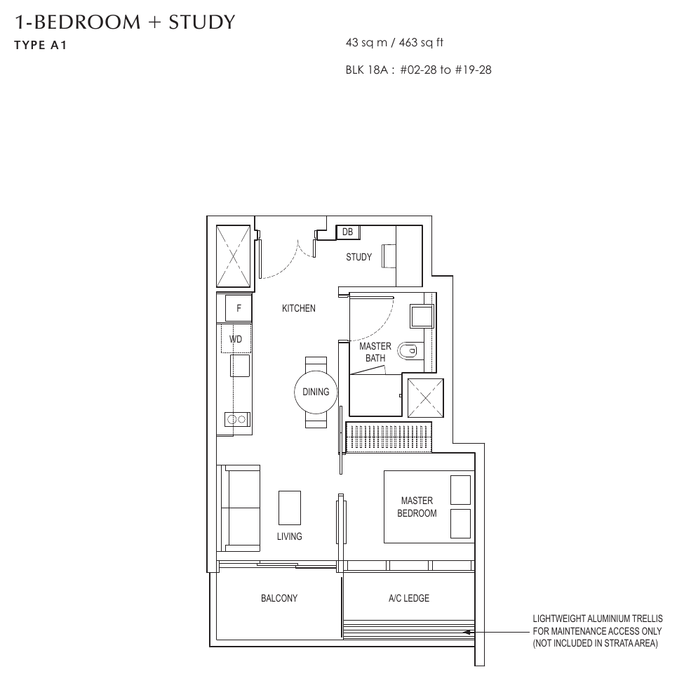 Type A1 · 1-Bedroom + Study · 463 sqft