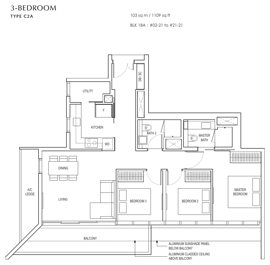 Type C2A · 3-Bedroom · 1,109 sqft
